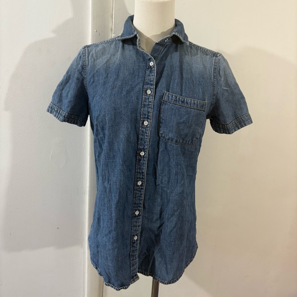 GH Bass & Co Blue Cotton Denim‎ Western Button Down Shirt Short Sleeve Sz S USA